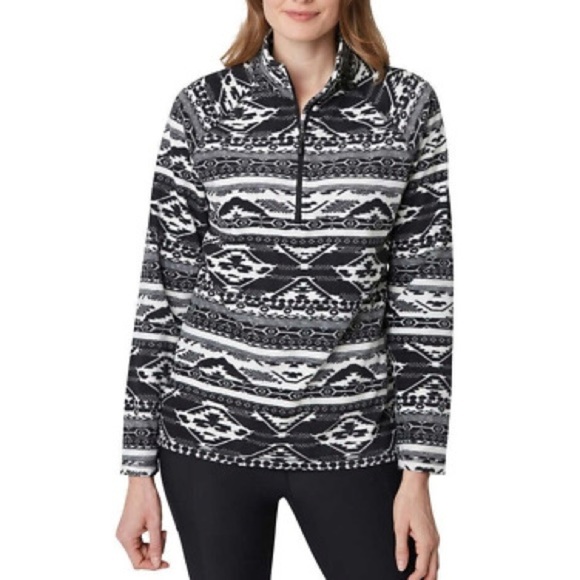 Eddie Bauer | Black and White Geometric Patterned Fleece Quarter Zip Pullover - Picture 1 of 7